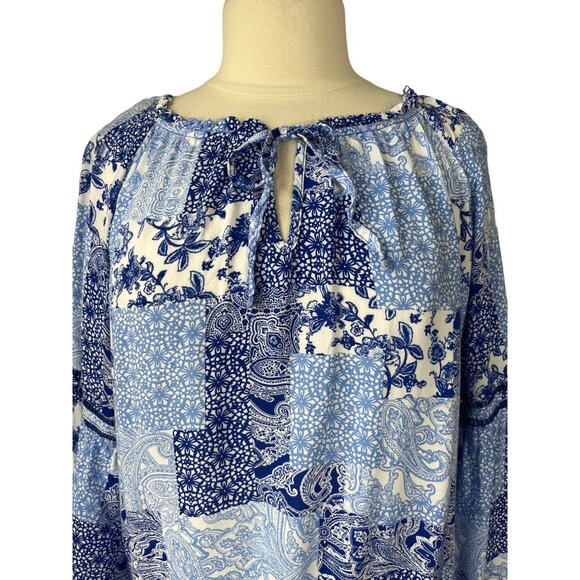 Cato Est 19456 Blouse Shirt Womens Size 26/28W Blue White Patchwork - Picture 3 of 10